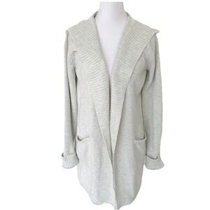 Tahari Open Front Hooded Knit Cardigan Sweater Oatmeal Gray Pockets Large Thick